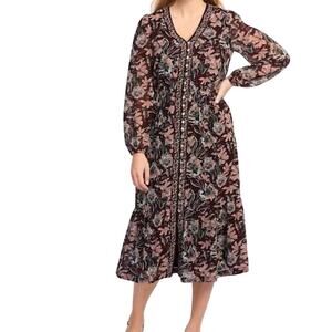 Les Serein Stitchfix Maroon/Green floral Cottagecore Boho Midi Dress, 2X NWT